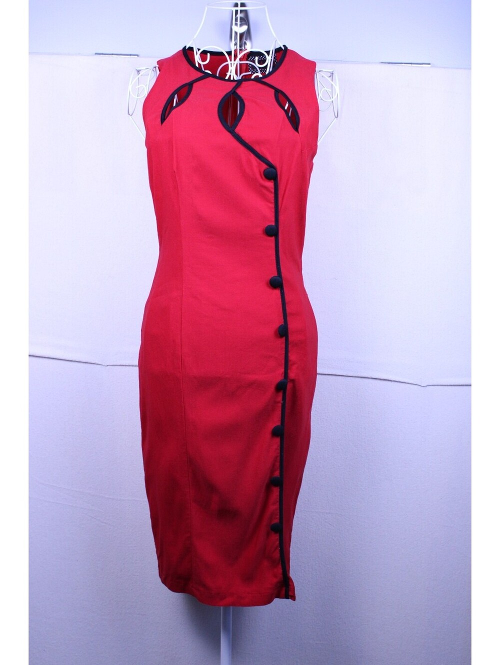 Voodoo Vixen Maggie Lou Red Pencil Dress Small Wavy Trim Wiggle Rockabilly